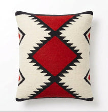 Load image into Gallery viewer, A square Zapotec Diamond throw pillow featuring a Southwestern geometric pattern in red, black, and cream, shown against a plain off-white background.