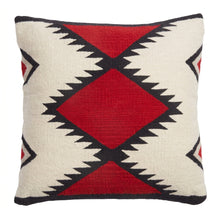 Load image into Gallery viewer, A square Zapotec Diamond throw pillow featuring a Southwestern geometric pattern in red, black, and cream, set against a plain off-white background.