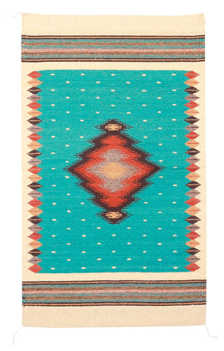 Handwoven Zapotec Indian Rug - Soplador Turquoise Wool Oaxacan Textile