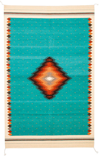 Handwoven Zapotec Indian Rug - Soplador Turquoise Wool Oaxacan Textile