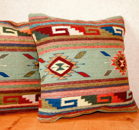Handwoven Zapotec Indian Pillow - Ganchos y Medallions Verdes Wool Oaxacan Textile