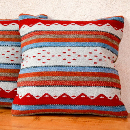 Handwoven Zapotec Indian Pillow - Montanitas Azul y Rojo