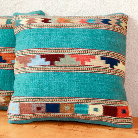 Handwoven Zapotec Indian Pillow - Tipo Peru jade Wool Oaxacan Textile