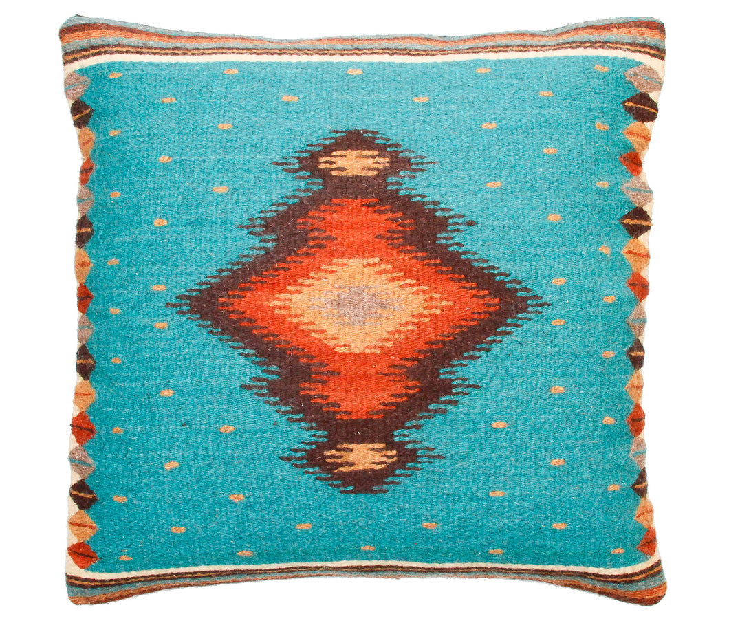 Handwoven Zapotec Indian Pillow - Soplador Turquoise Wool Oaxacan Textile