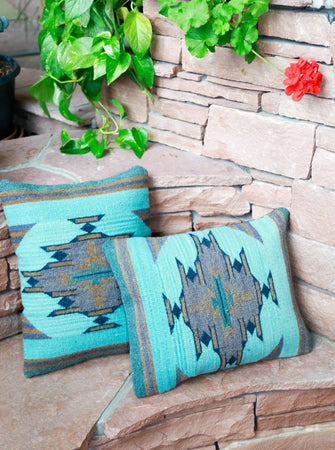 handwoven Zapotec Indian Pillow - Aqua Vallarta Wool Oaxacan Textile