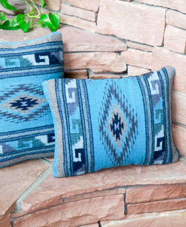 Handwoven Zapotec Indian Pillow - Diamante Azul Wool Oaxacan Textile
