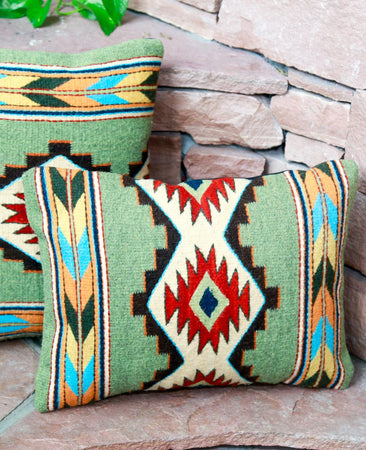 Handwoven Zapotec Indian Pillow - Efrain's Diamantes Verdes Wool Oaxacan Textile