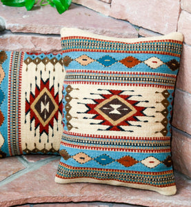 Handwoven Zapotec Indian Pillow - Saltillo Azul Wool Oaxacan Textile