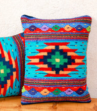 Load image into Gallery viewer, Handwoven Zapotec Indian Pillow - Turquoise Bejeweled Wool Oaxacan Textile