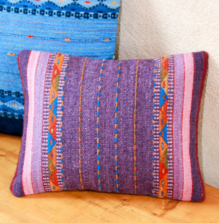 Handwoven Zapotec Indian Pillow - Violet Braids Wool Oaxacan Textile